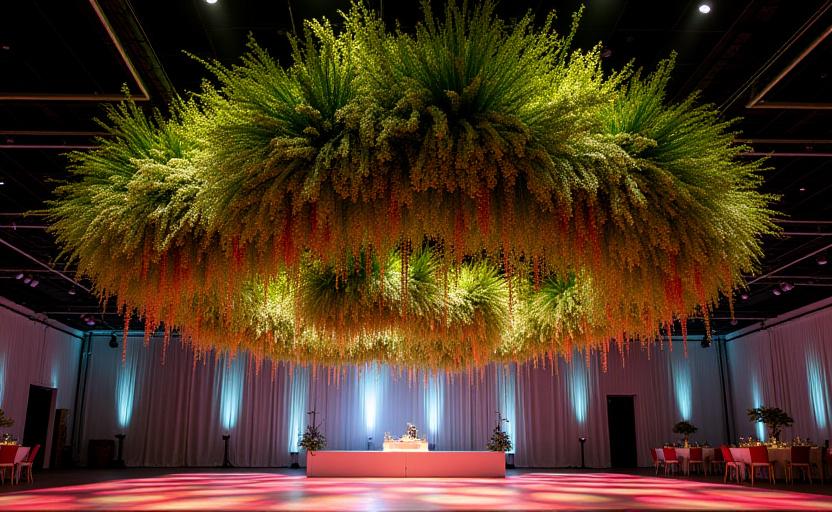 Floating floral ceiling installation