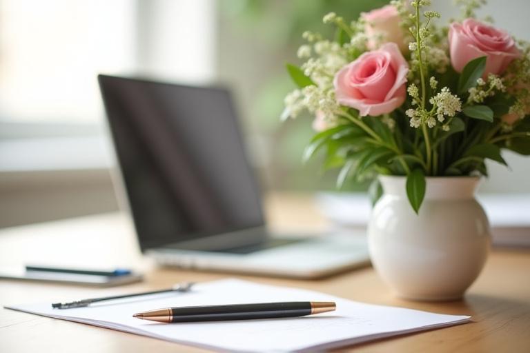 A professional desk with floral arrangements and legal documents