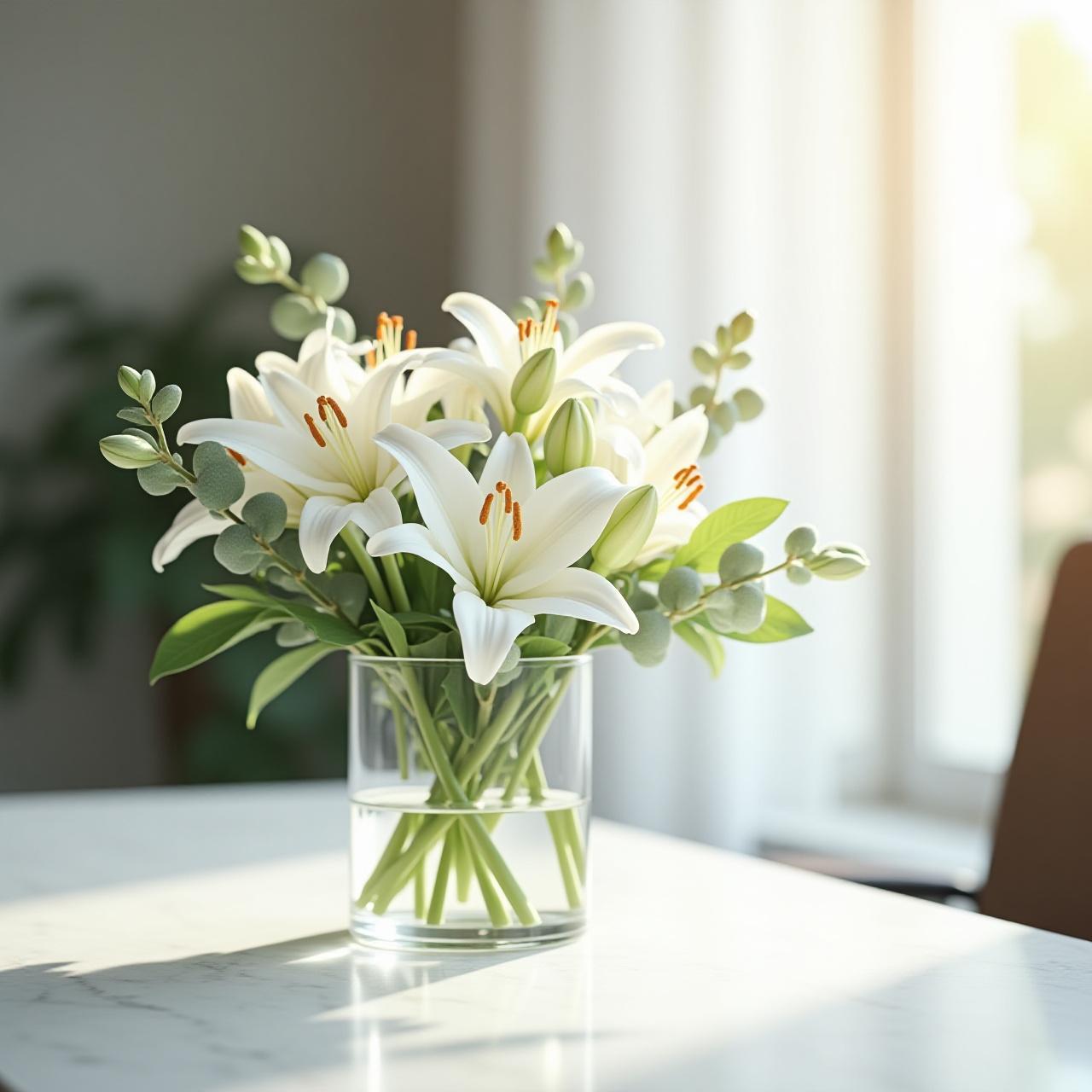 Serene floral arrangement in a bright office space